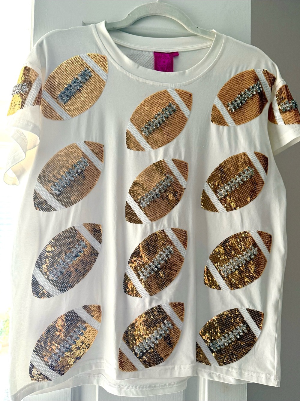 QUEEN OF SPARKLES White Tee with Gold Sequin Footballs